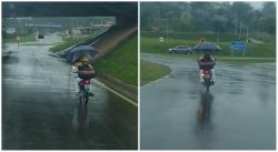 video:-motociclista-e-flagrado-pilotando-enquanto-segura-guarda-chuva-no-interior-de-sp